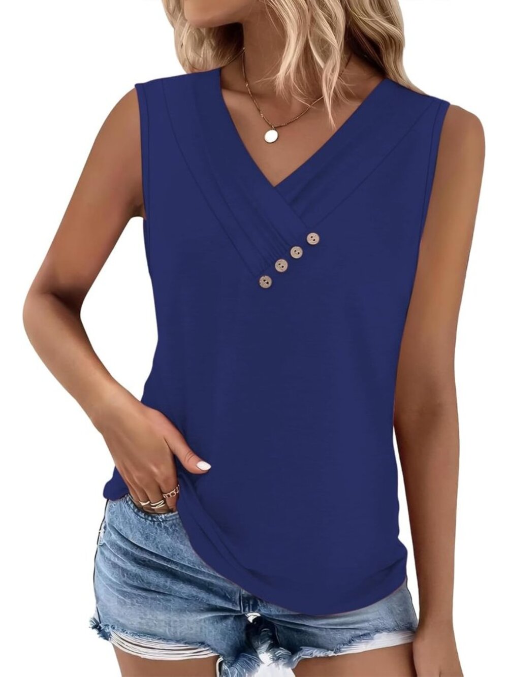 Women's Navy Sleeveless Summer Tank Tops Casual V Neck Loose Fit Pleated Button